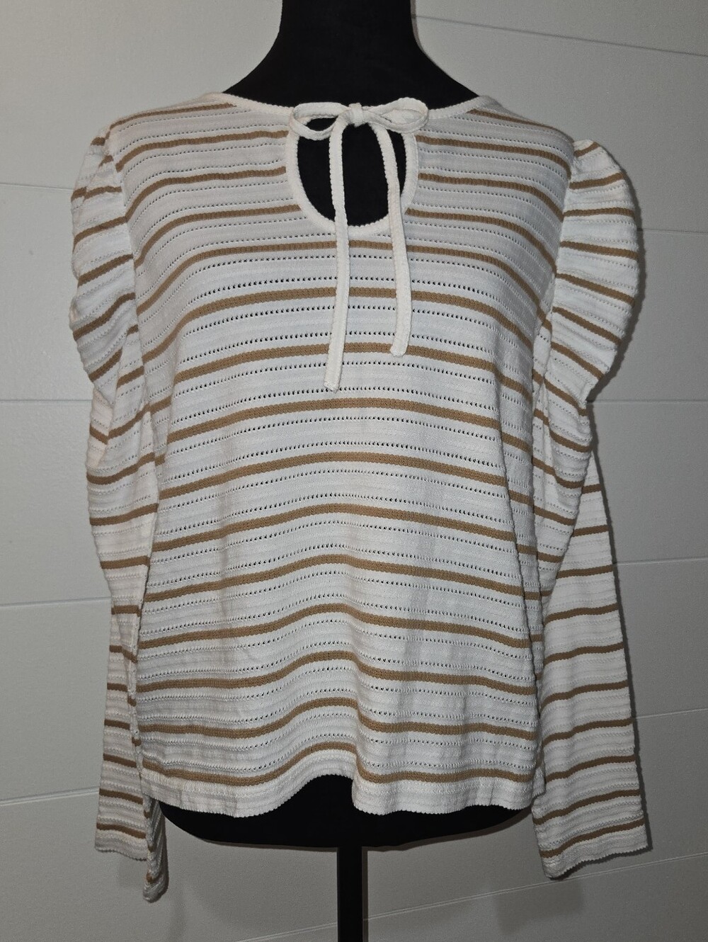 LOFT Cream and Tan Striped Long Sleeve Tie Neck Top